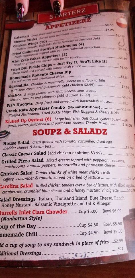 Menu at Creek Ratz restaurant, Murrells Inlet, US-17 BUS