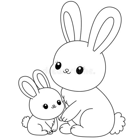 Cute Kawaii Bunny and Baby Cartoon Character Coloring Page Vector ...