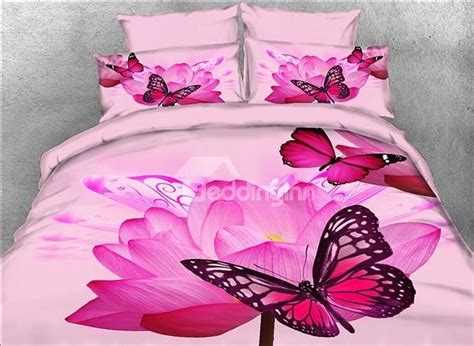 Onlwe 3d Butterfly And Pink Lotus Printed Cotton 4 Piece Bedding Sets