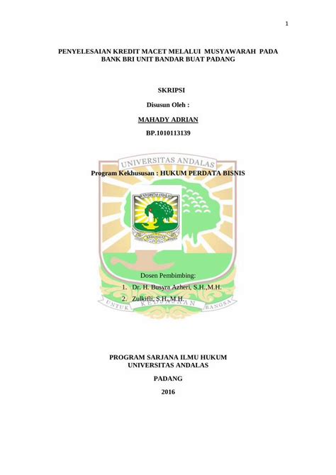 Pdf Penyelesaian Kredit Macet Melalui Musyawarah Scholar Unand Ac Id