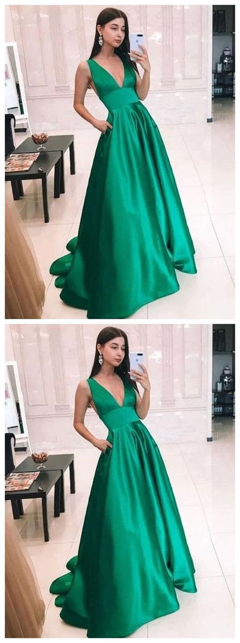 Green V Neck Satin Long Prom Dress Simple Evening Dress Cg9581