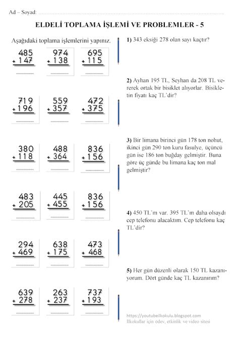 3 SINIF ELDELİ TOPLAMA İŞLEMİ VE PROBLEMLERİ 5 4th Grade Activities