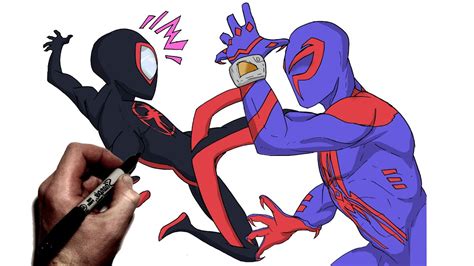 How To Draw Miles Morales Vs Spider Man 2099 Step By Step Across