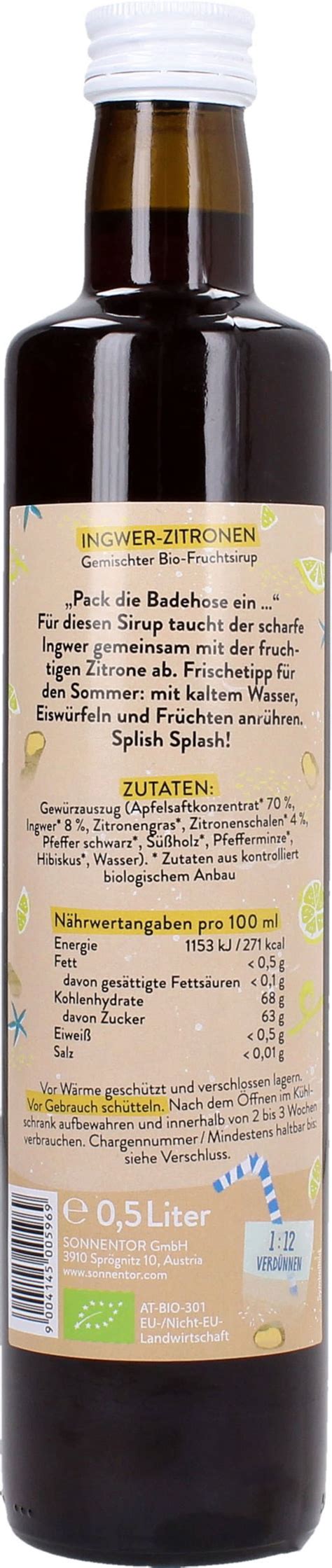 Sonnentor Ingwer Zitronen Sirup Bio Ml Piccantino Onlineshop