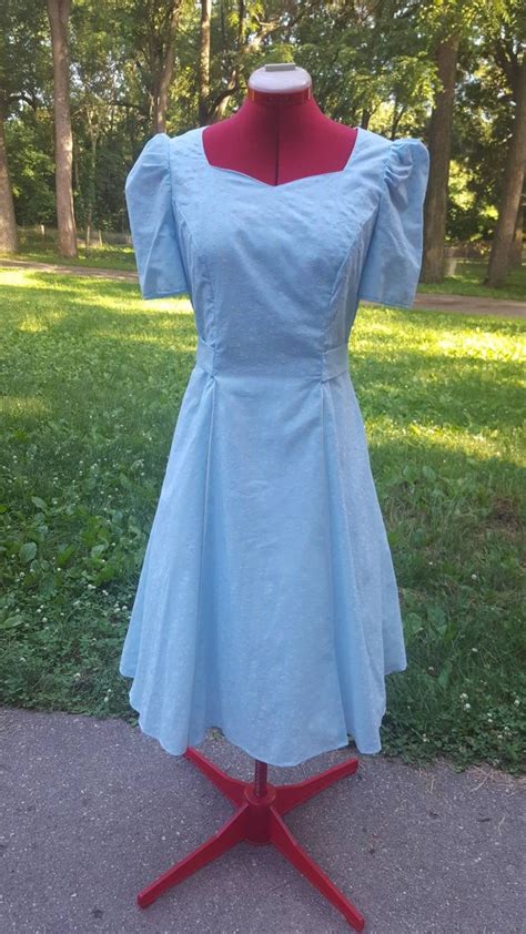 1950s Style Blue Floral Cotton Dress Fully Lined Sm Handmade White