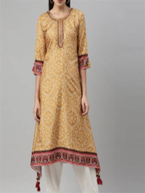 Buy Neerus Women Mustard Yellow Ethnic Motifs Printed Keyhole Neck