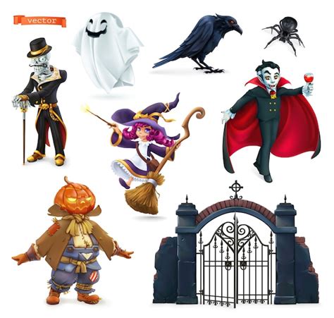 Premium Vector Happy Halloween Cartoon Characters And Objects