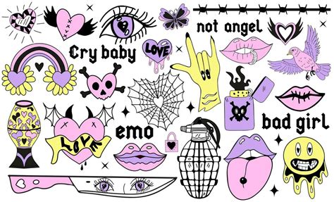 Y2k 2000s cute emo goth aesthetic stickers, tattoo art elements and ...