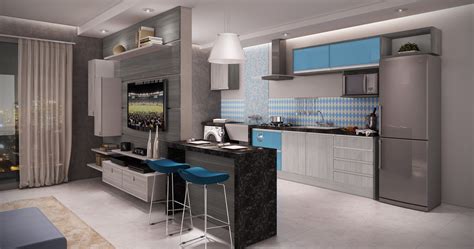 A Modern Kitchen With Blue Stools Next To The Counter And Refrigerator