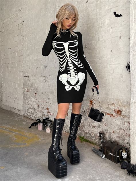 Romwe Punk Reflective Skeleton Print Bodycon Dress Shein Usa