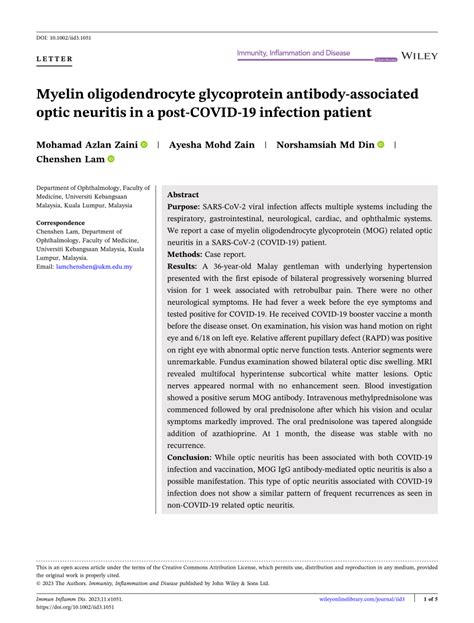 Pdf Myelin Oligodendrocyte Glycoprotein Antibodyassociated Optic