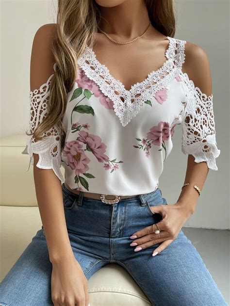 Cold Shoulder Floral Print Contrast Lace Blouse Blouses For Women