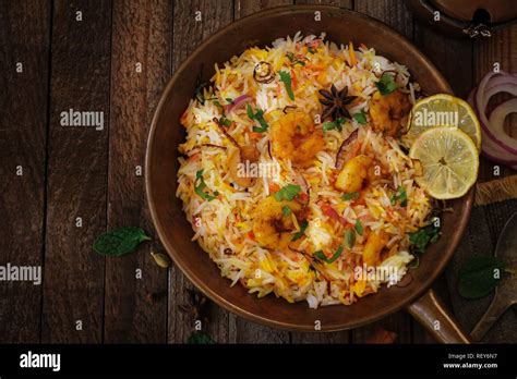 Shrimp Prawn Biryani Top Down View On Wooden Background Stock Photo