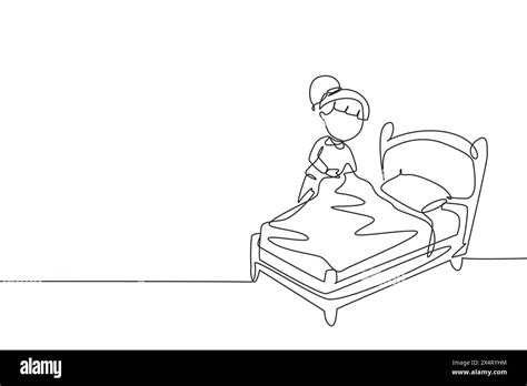 Continuous one line drawing cute girl making the bed. Kids doing ...