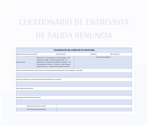 Plantilla De Formato Excel Cuestionario De Entrevista De Salida Para