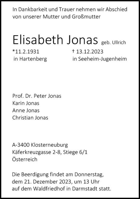 Traueranzeigen Von Elisabeth Jonas Vrm Trauer De