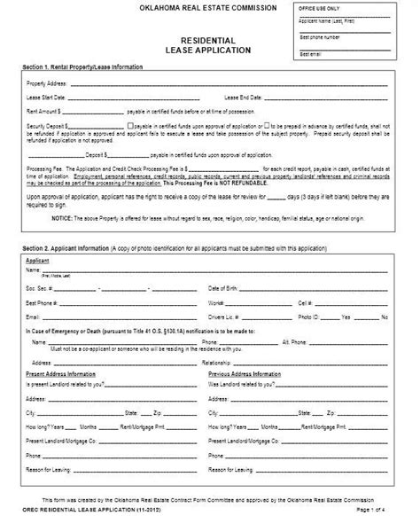 Download Free Oklahoma Residential Lease Application Printable Lease Agreement