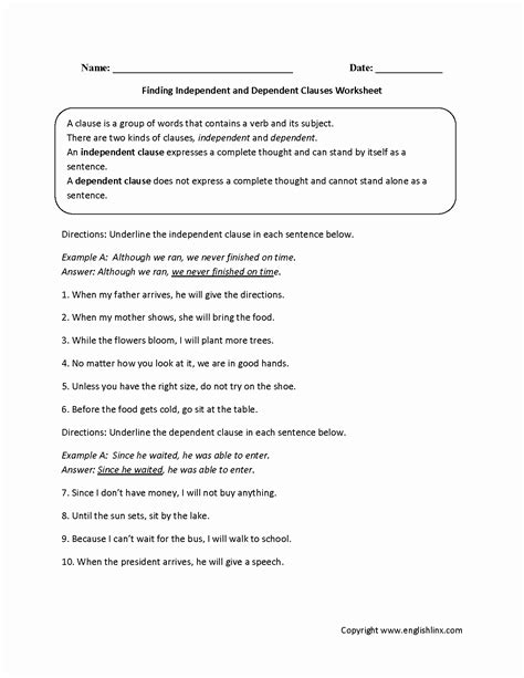 Dependent And Independent Sentences Worksheet