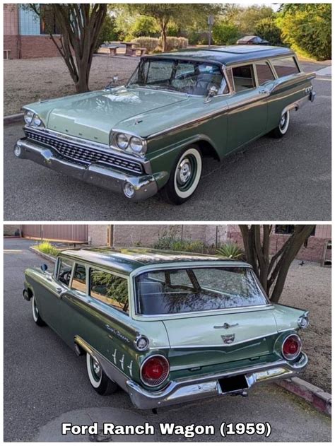 Two Pictures Of An Old Green Station Wagon