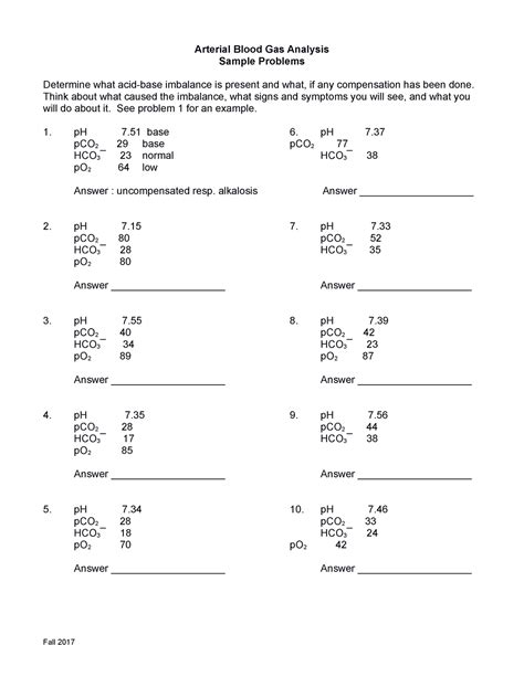 ABG Worksheet 1 Worksheet Arterial Blood Gas Analysis Sample