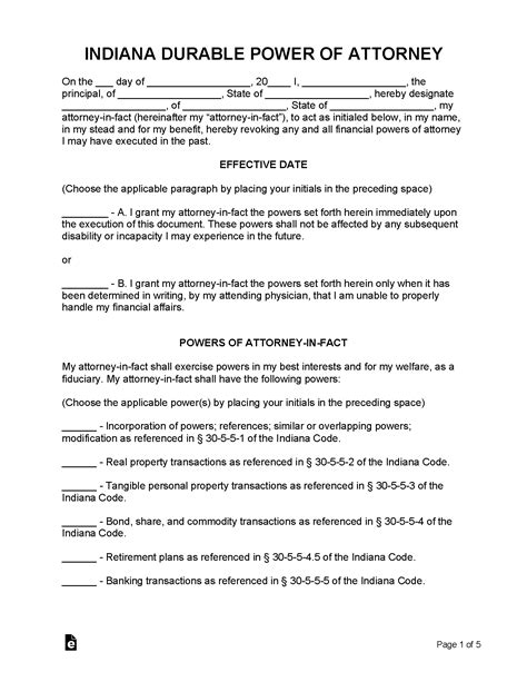 Free Indiana Durable Financial Power Of Attorney Form PDF