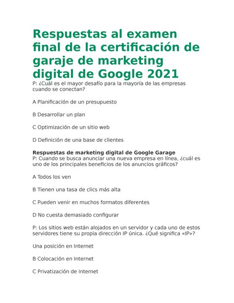 Respuestas Al Examen Final De La Certificaci N De Garaje De Marketing