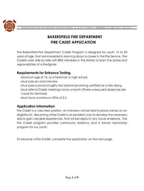 Fillable Online Bakersfield Fire Department Fire Cadet Application Fax