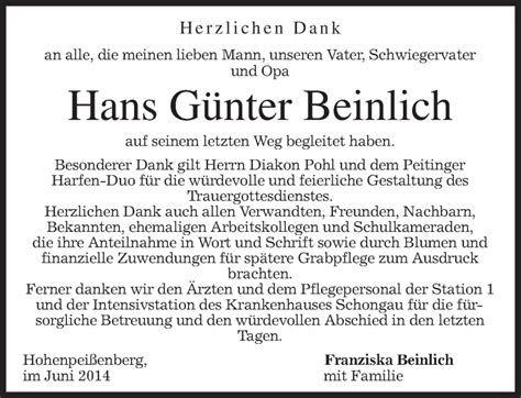 Traueranzeigen von Hans Günter Beinlich trauer merkur de