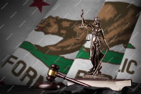 Premium Photo California Us State Flag With Statue Of Lady Justice