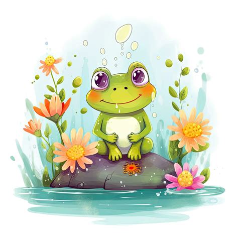 Frog sitting on a rock with flowers in the water. Cute Little Happy ...