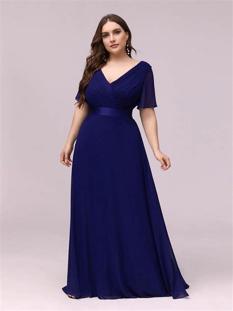 Plus Size Simple Empire Waist Flutter Sleeve Evening Dress Evening Dresses With Sleeves Blue