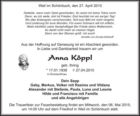 Traueranzeigen von Anna Köppl Kreiszeitung Böblinger Bote