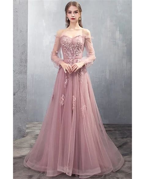 Long Tulle Rose Pink Prom Dress Off Shoulder With Appliques Dm69040