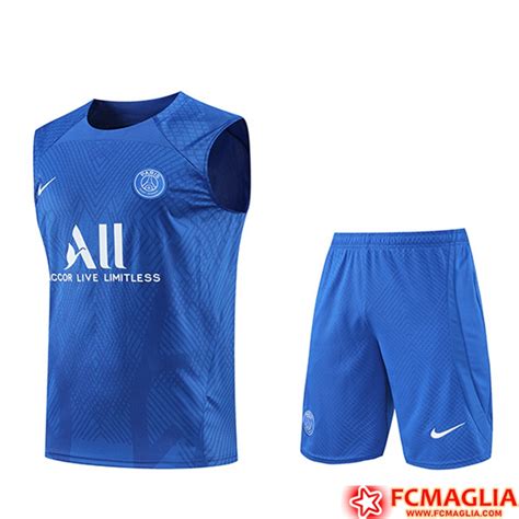 Nuova Kit Canotta Allenamento Pantaloncini PSG Blu 2022 2023 Basso Prezzo