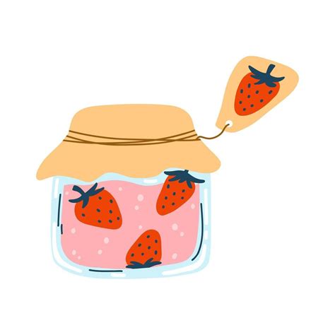 Home Made Strawberry Jam Canned Fruit In Cartoon Hand Drawn Flat Style