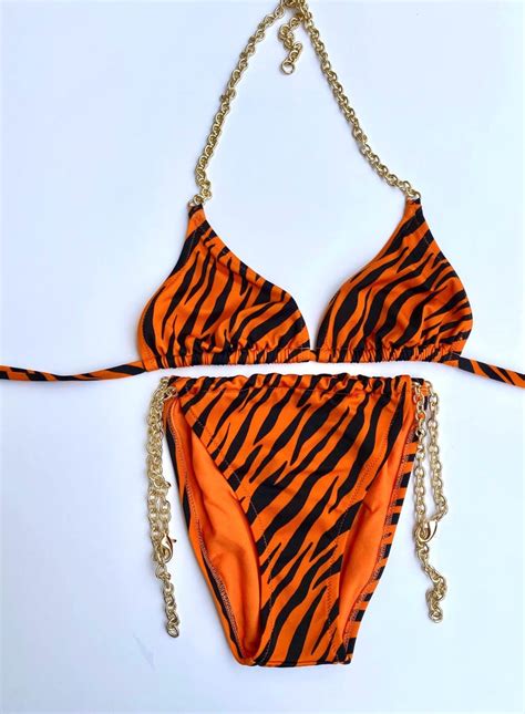 Tiger Print Gold Chains Bikini Etsy