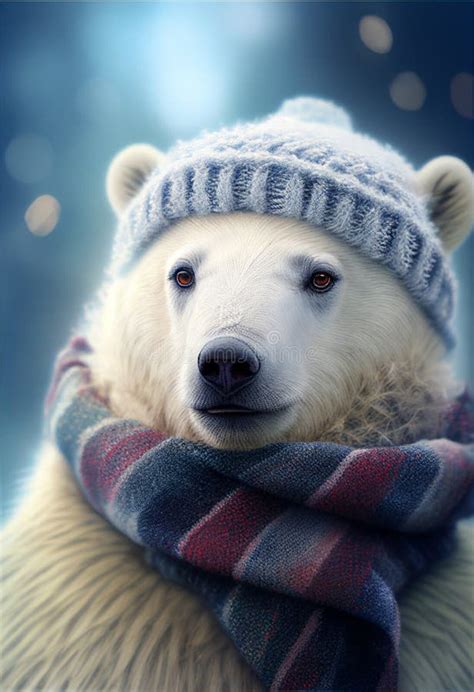 Portrait Of A Polar Bear In A Scarf And Hat AI Generated Stock