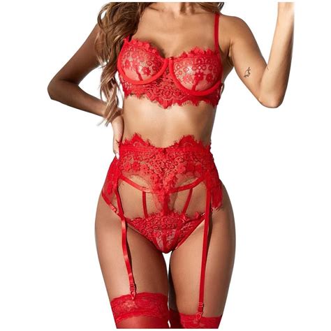 Sexy Lace Lingerie Set Transparent Bra Thong And Garter Belt For