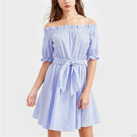 Summer Women Striped Shirt Dress One Shoulder Backless Cotton Blue