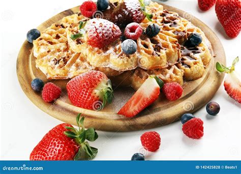 Waffle Traditional Belgian Waffles With Fresh Fruit And Powder Sugar