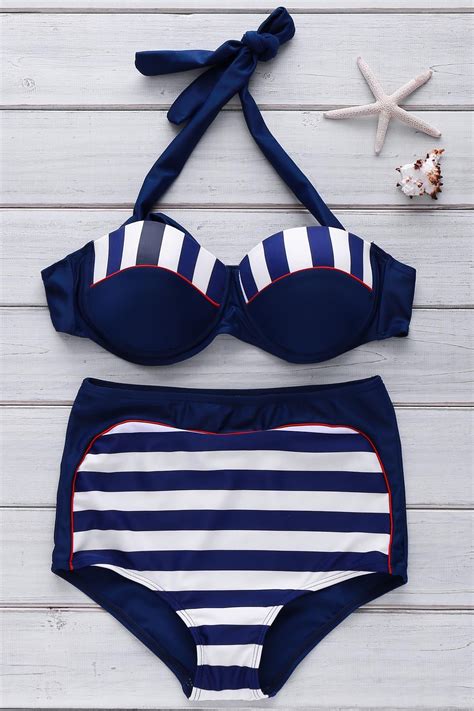 27 OFF Sexy Halter Striped High Waisted Women S Bikini Set Rosegal