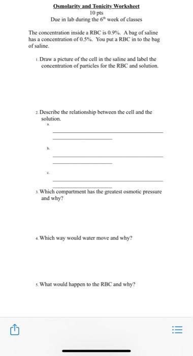 Solved Osmolarity And Tonicity Worksheet Pts Due In Lab Chegg