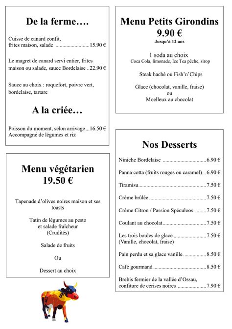 Menu Restaurant La Cote De Boeuf Em Bord Us Thefork