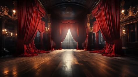 Premium AI Image | Show stage with red curtains are opening with spotlight performance lights ...