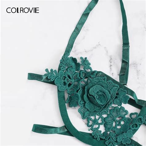 Colrovie Green Floral Harness Appliques Lace Sexy Lingerie Set Women