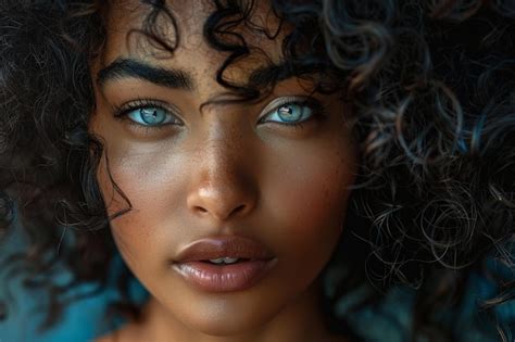 Premium Photo | Beautiful black woman with blue eyes curly hair portrait