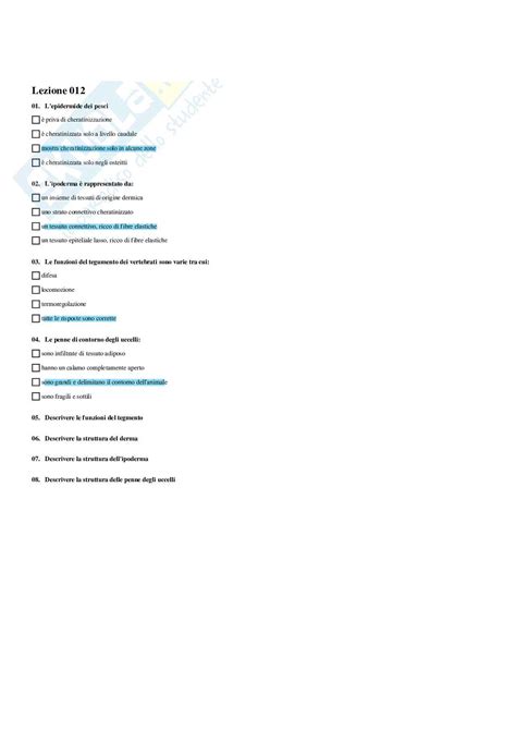 Set Domande Multiple E Aperte Di Anatomia Comparata E Citologia