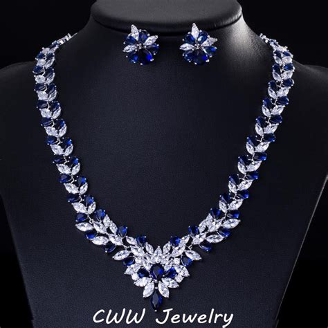 CWWZircons Gorgeous Marquise Dark Blue Cubic Zirconia Cluster Necklace