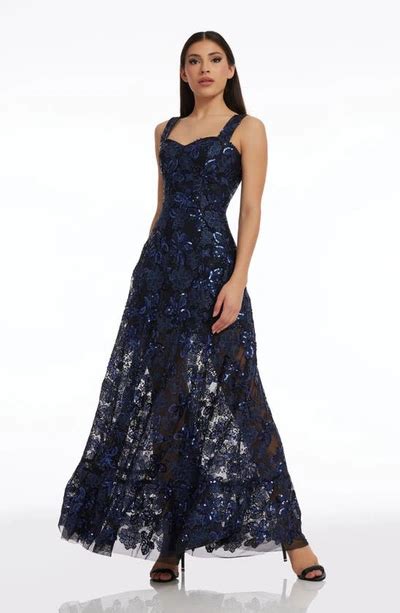 Dress The Population Anabel Floral Sequin Fit And Flare Gown In Navy Modesens