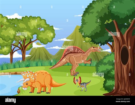 Scene With Dinosaurs In Forest Illustration Stock Vector Image Art